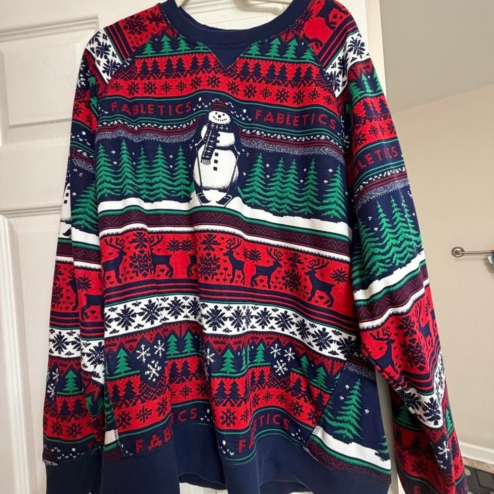 Fabletics Christmas Holiday Sweater Snowman Reindeer Fair Isle Navy Red Green